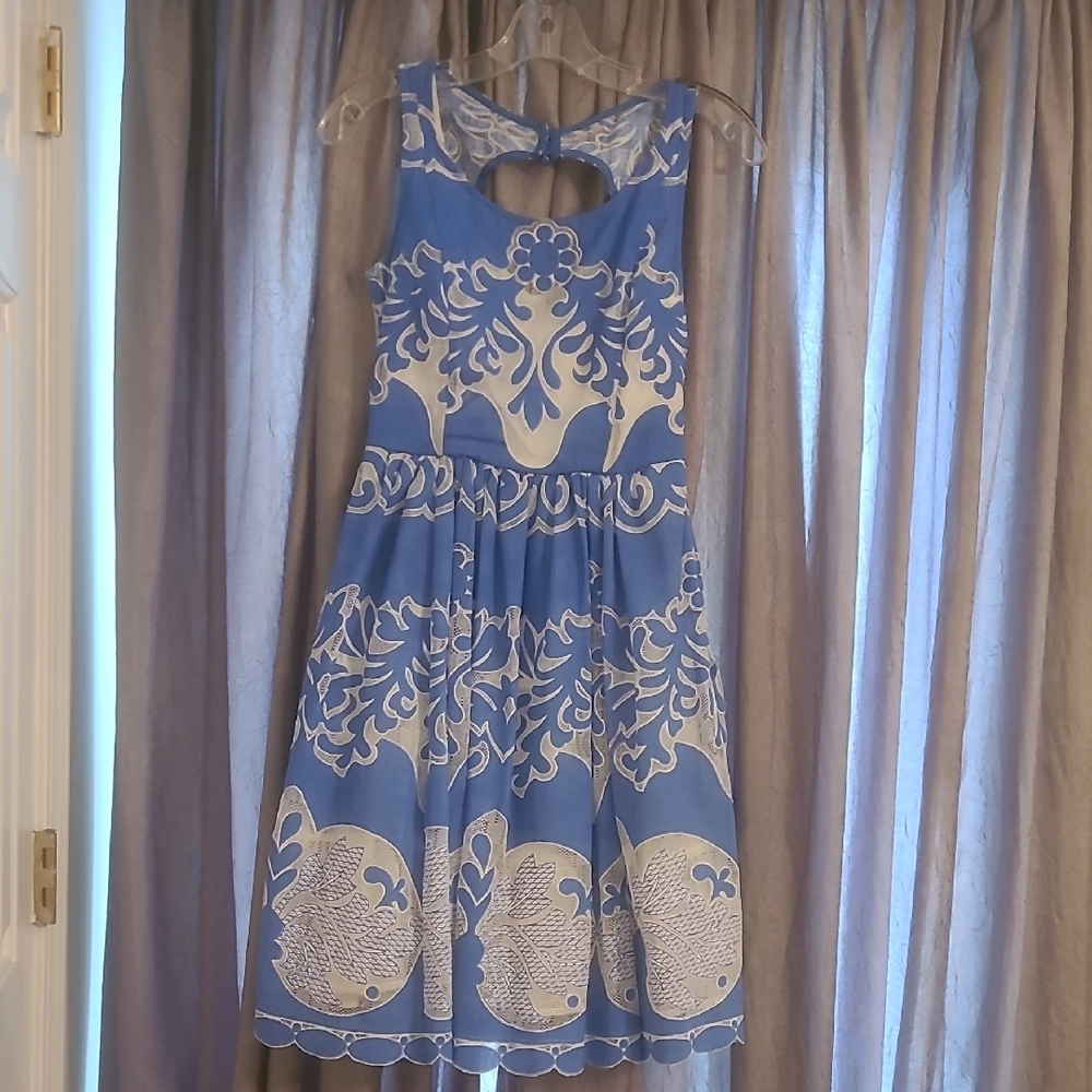 Anthropology Blue and White Lace Dress
